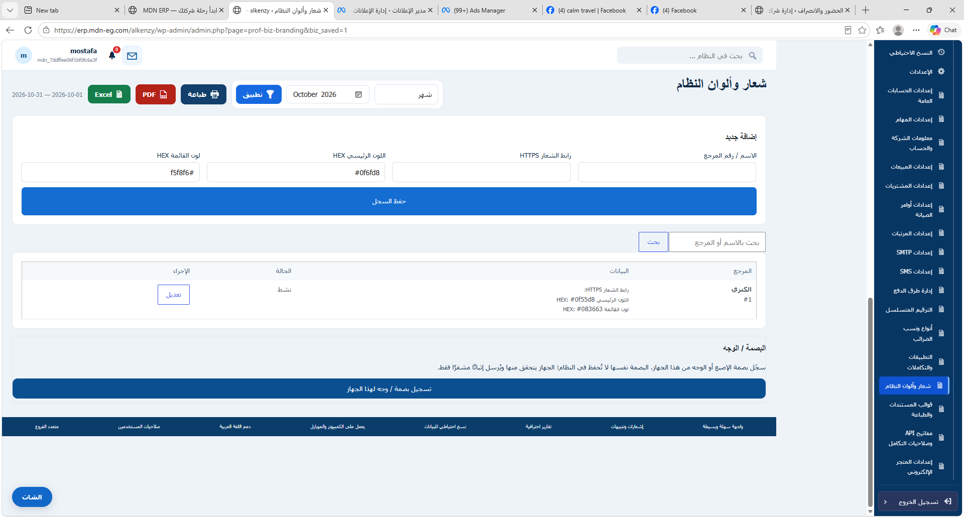 لقطة فعلية من النظام — إعداد شعار وألوان الشركة